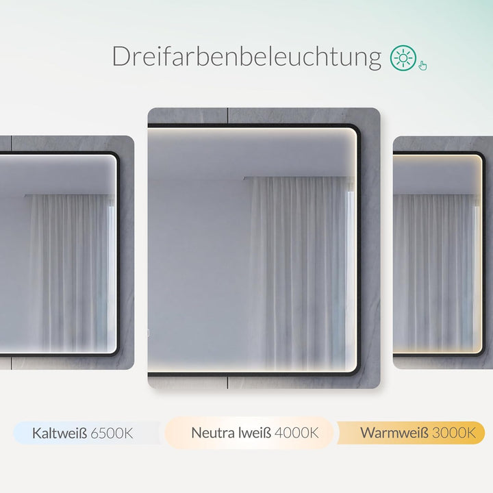 LED Badspiegel mit Aluminiumrahmen, 5mm Kupferfreier HD Silber-Spiegel, 3 Lichtfarben Dimmbar, Wands