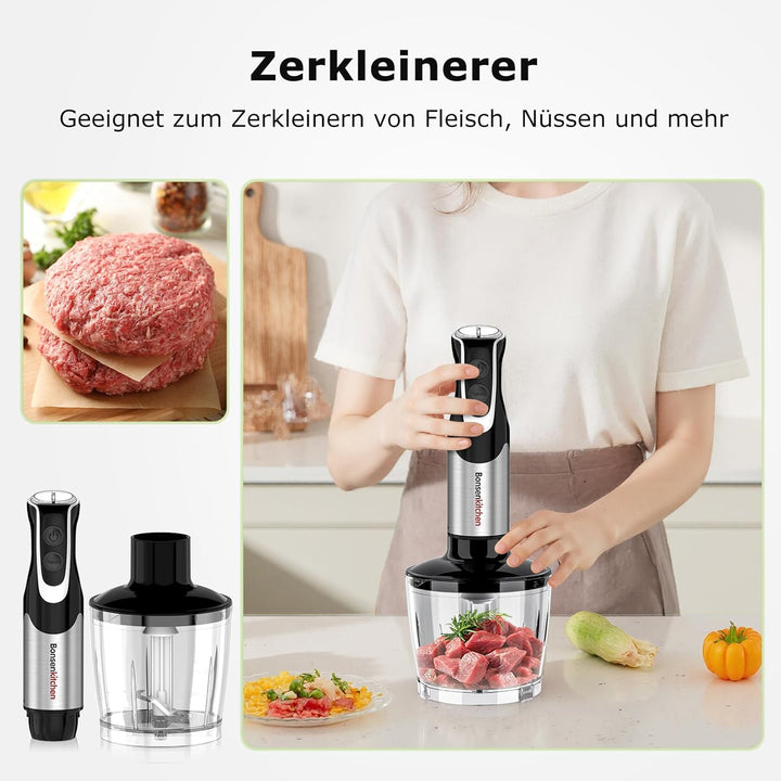Bonsenkitchen Stabmixer 4-in-1, 1000W Edelstahl mit 12 Stufen Turbo, Schneebesen 700ml Messbecher Le