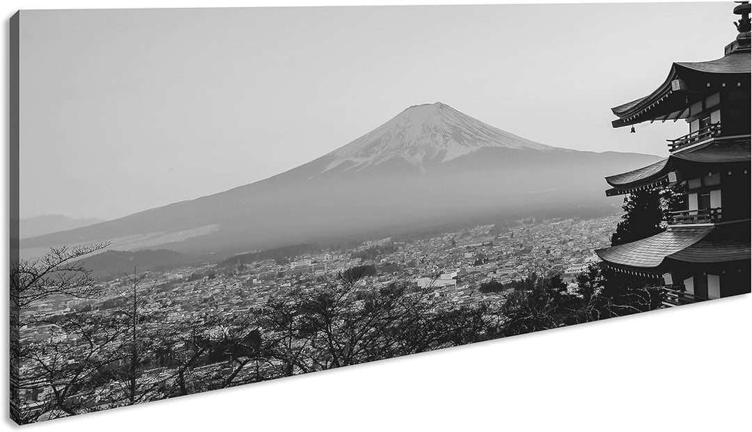 der mit Schnee bedeckte Fuji Berg aus Japan Panorama 80x40 cm Effekt: Schwarz/Weiss als Leinwandbild