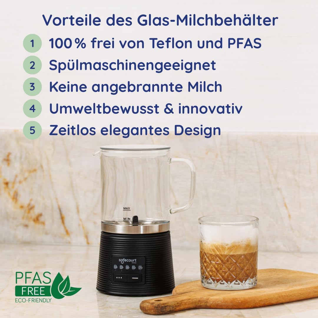 Safecourt Elektrischer Milchaufschäumer – herausnehmbarer Glasbehälter [500ML & 100% mikroplastikfre