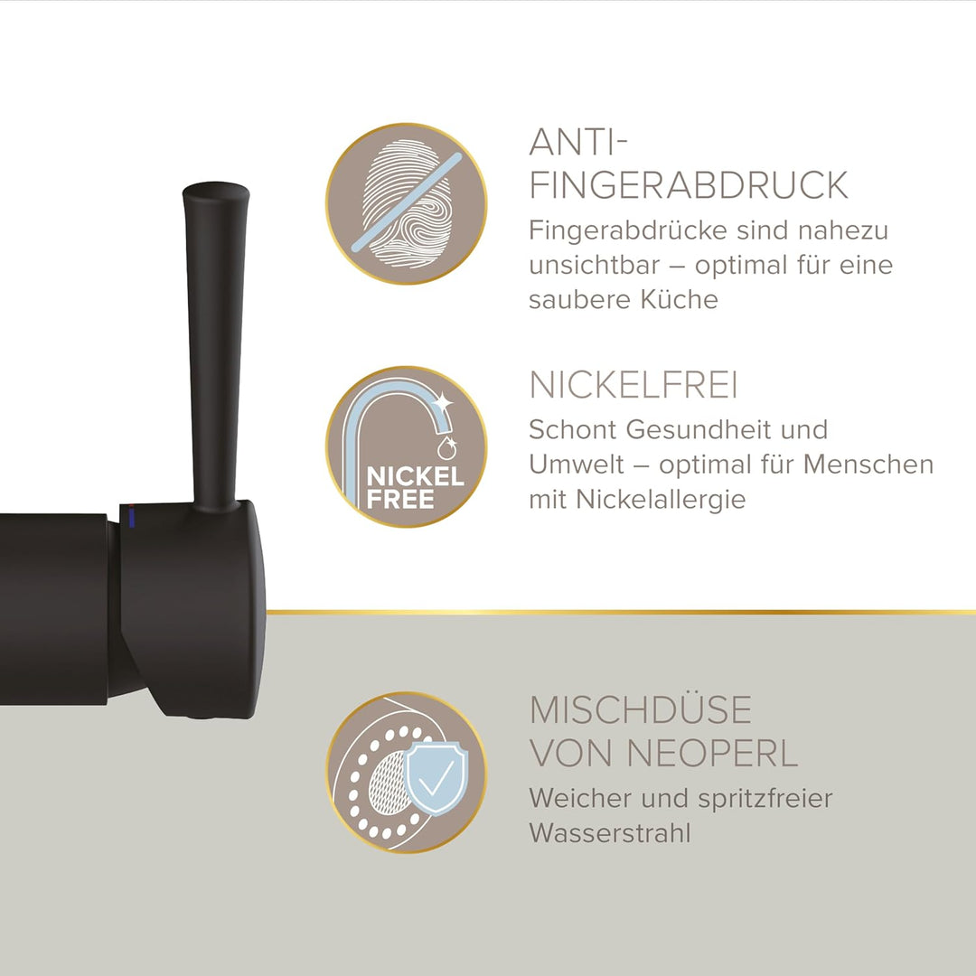 Lenz Niederdruck Küchenarmatur NOVA in Schwarz-matt – Mit Geschirrbrause und schwenkbarer Halterung