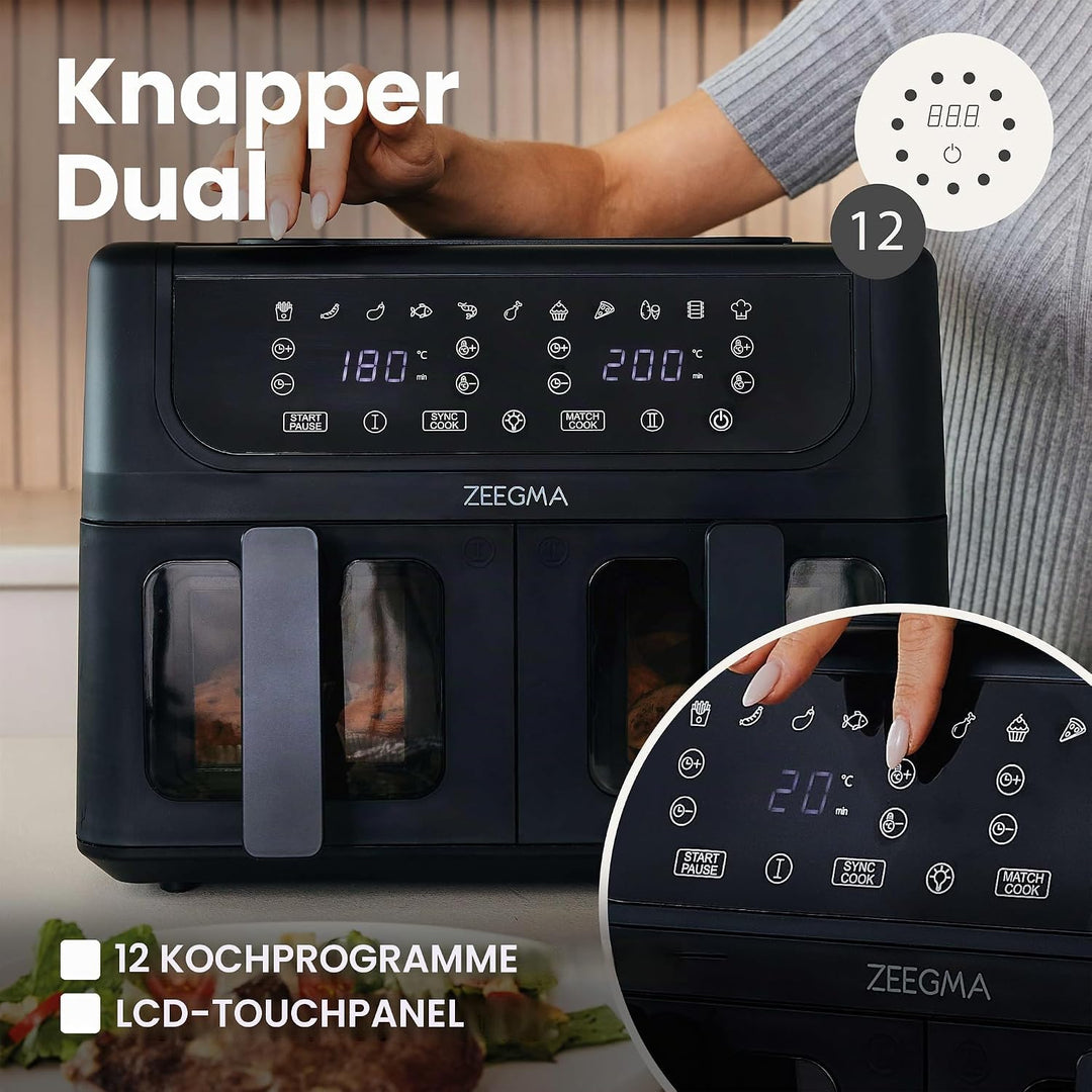 ZEEGMA KNAPPER DUAL Heissluftfritteuse 1700 W, 2 Fächer, 9 L Fassungsvermögen, Timer bis zu 60 Min.,