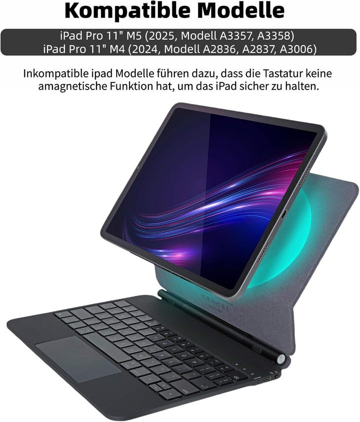 Magic Keyboard Hülle für iPad Pro 11 Zoll M4 2024 / M5 2025, Magnetische Tastaturhülle mit Multi-Tou