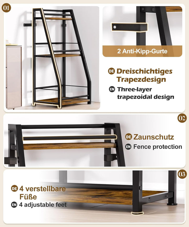 Yorbay 3-Stöckiges Freistehendes Weinregal mit Geländer: Modern Metall-Holz Flaschenregal für Wein u