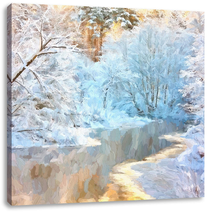 Pixxprint Atemberaubende Winterlandschaft Pinsel Effekt, Format: 70x70 auf Leinwand, 70x70