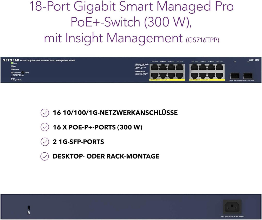 Netgear GS716TPP 16 Port Gigabit Ethernet LAN PoE Switch Smart (mit 16x PoE+ 300W, 2x 1G-SFP, Insigh