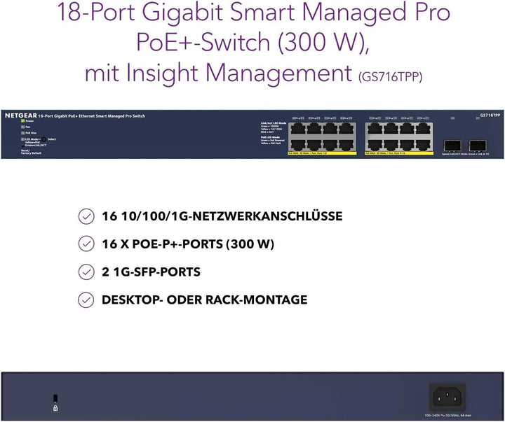 Netgear GS716TPP 16 Port Gigabit Ethernet LAN PoE Switch Smart (mit 16x PoE+ 300W, 2x 1G-SFP, Insigh