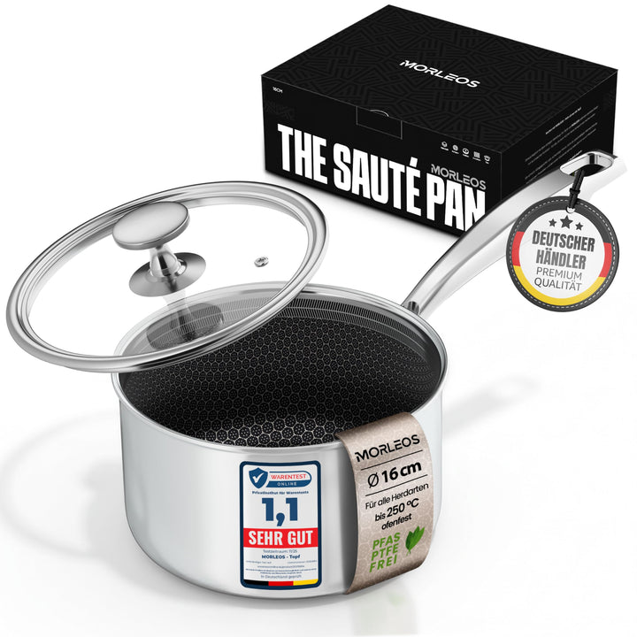 Stielkasserolle kratzfeste Antihaft-Waben-Keramikbeschichtung - 1,7 Liter, Ø 16x10 cm, 1,3 kg - mit