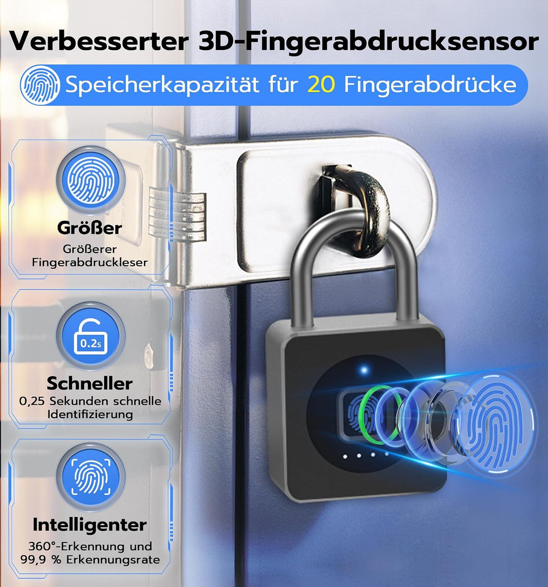 Smart Fingerabdruck Vorhängeschloss mit Bluetooth App – Elektronisches Kombischloss für Fitnessraum,