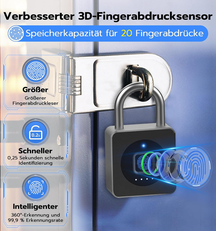 Smart Fingerabdruck Vorhängeschloss mit Bluetooth App – Elektronisches Kombischloss für Fitnessraum,