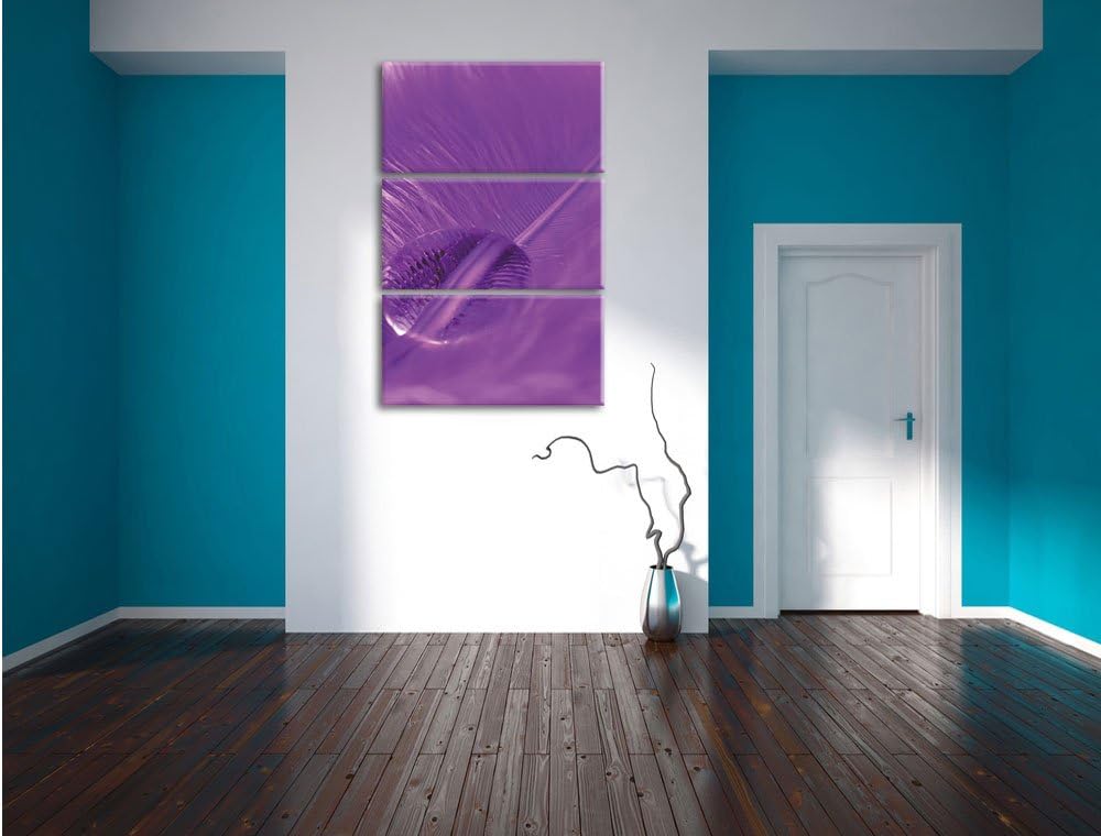 Pixxprint Wassertropfen auf Feder 3-Teiler Leinwandbild 120x80 Bild auf Leinwand