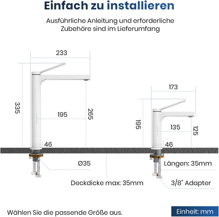 EMKE Wasserhahn Bad Weiss Matt, 335 x 233 x 46 mm, Messing, Keramikkartusche, Badarmatur, Mischbatte