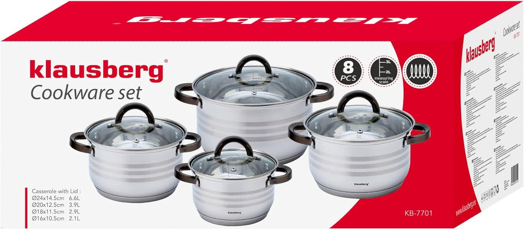 8-teilig Edelstahl Kochtopf Set Topfset mit Glasdeckel Topfe Induktion KLAUSBERG KB-7701