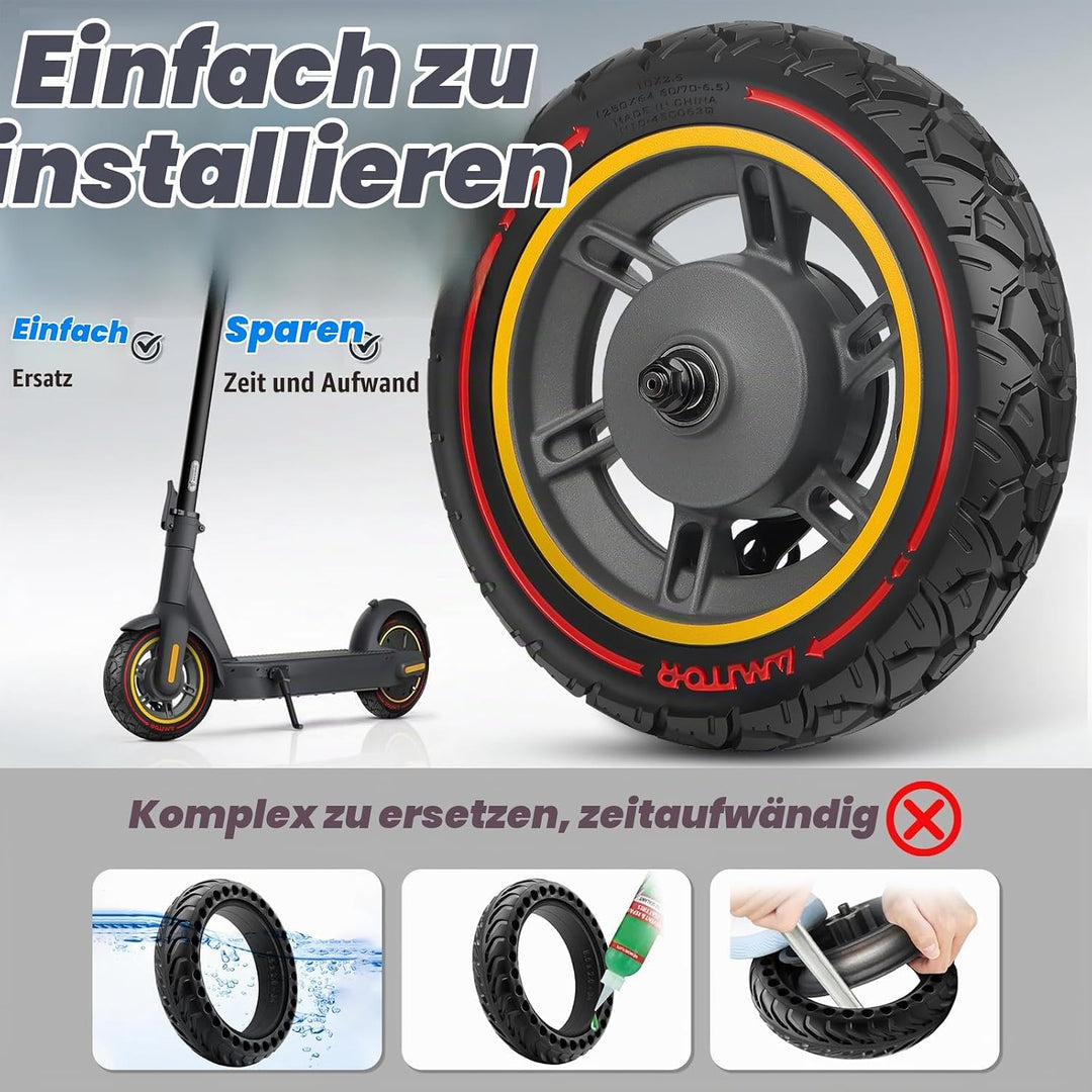 für Ninebot MAX G30 Vorderrad Komplettrad mit 60/70-6.5 Reifen Vollgummi, All-in-One 10x2.50-6.5 Vol