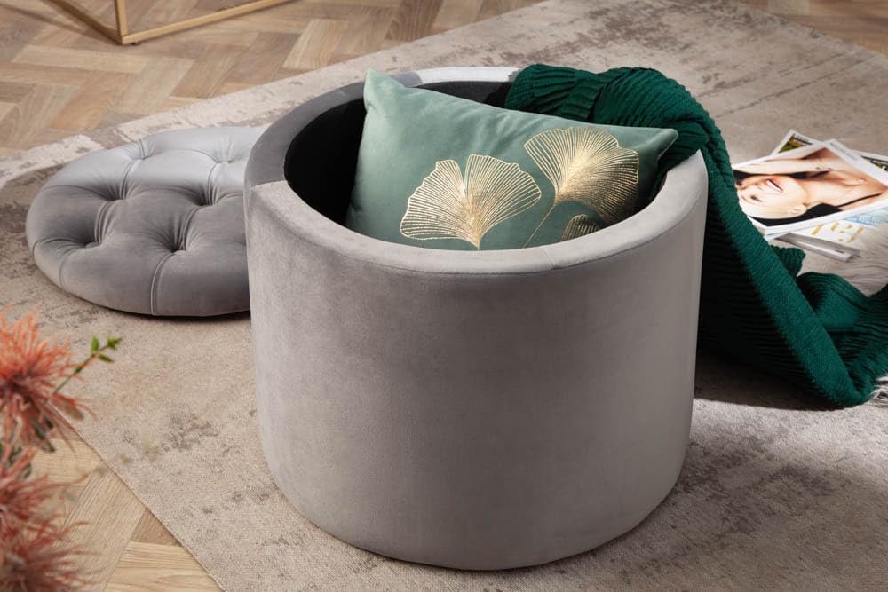 riess-ambiente.de Eleganter Hocker MODERN BAROCK 50cm Silbergrau Samt Couchtisch Tisch Aufbewahrungs