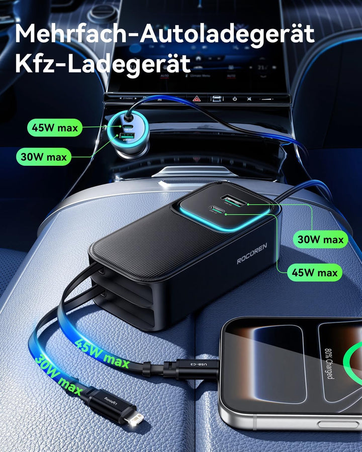 Rocoren 6 IN 1 Zigarettenanzünder USB 135W Auto Ladegerät Einziehbares SchnellLadegerät Adapter, 12V