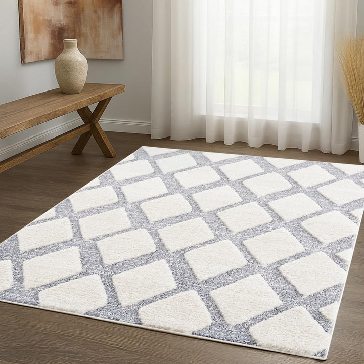 payé Teppich Wohnzimmer Hochflor - Boho - Skandinavisch - 120x170cm - Pastell Creme Grau - Raute Mus