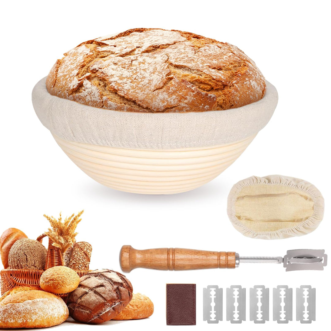 1er-Set Gärkörbchen, Gärkorb, Runde Gärkorb Zum Brotbacken-Set, Brotkorb Mit Brotmesser mit fünf Kli