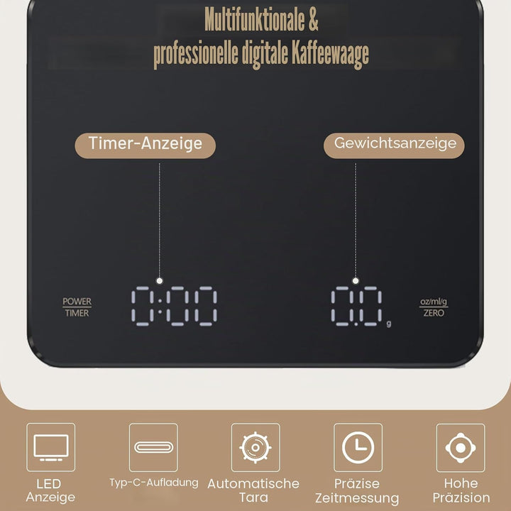 Digitale Kaffeewaage mit Timer, Espressowaage 3 kg/0,1 g, Präzisionswaage, Hohe Präzision, Wiederauf
