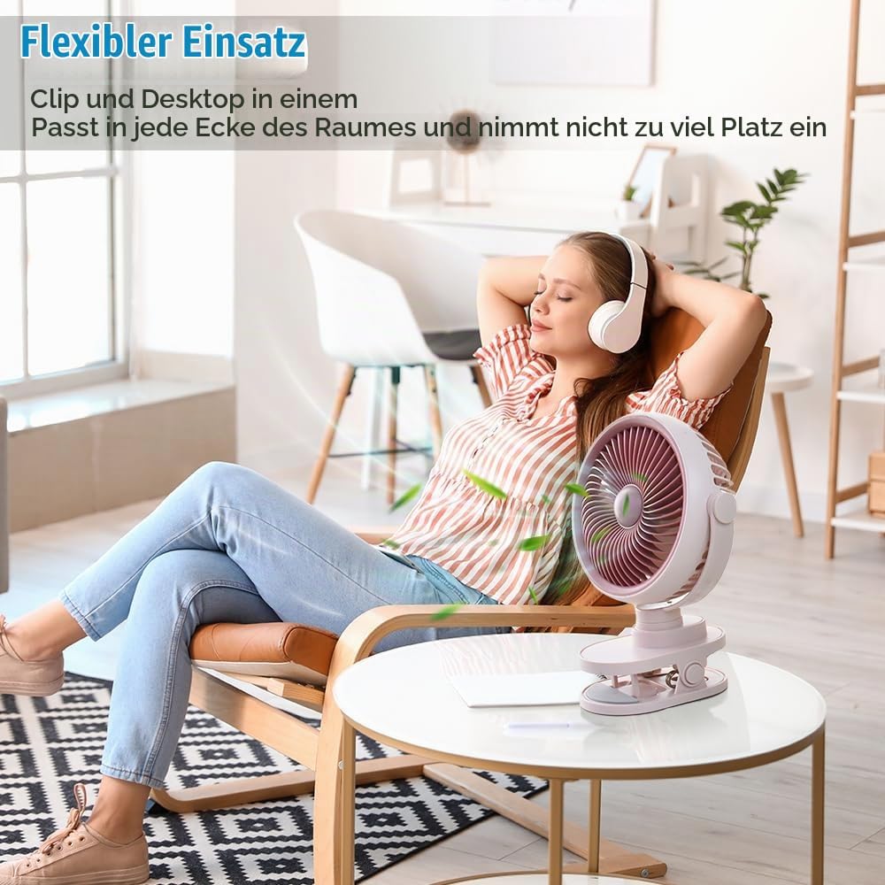 Camping Ventilator mit LED Nachtlicht , Wiederaufladbarer USB-C Klein Clip Ventilator mit Akku, 5 Ge