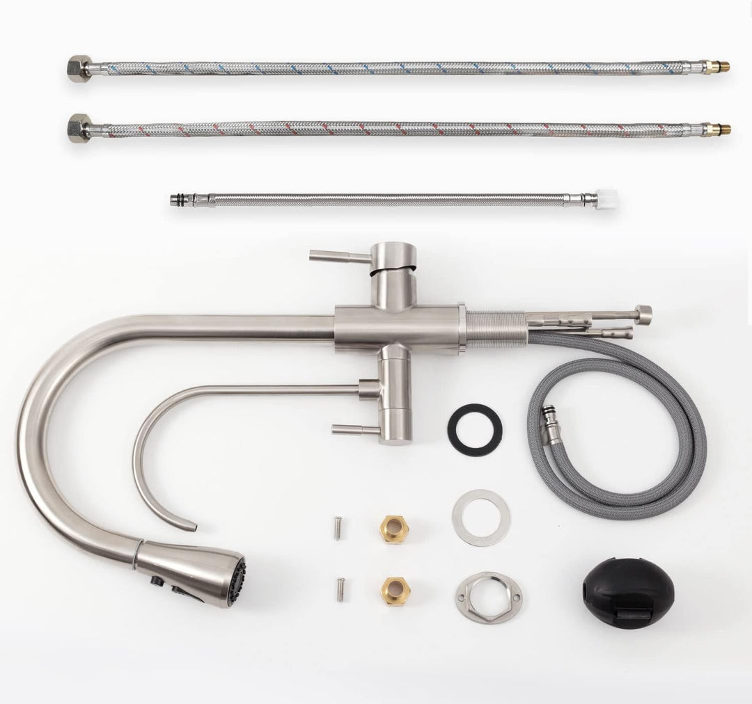 3 Wege Wasserhahn Edelstahl, 360° Drehbar Trinkwasserhahn mit Ausziehbarer Handbrause, 3 in 1 Küchen