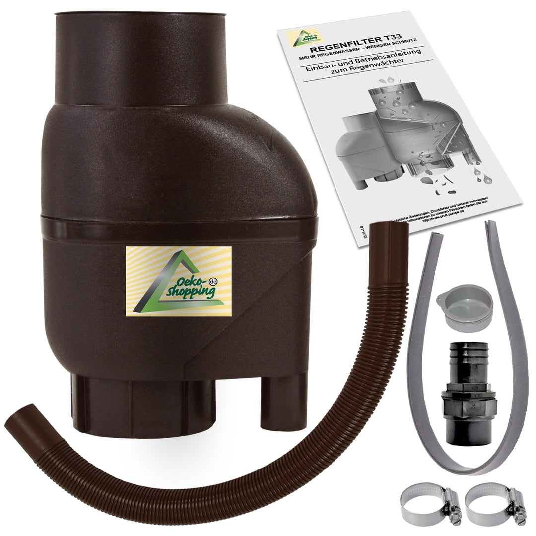 AMUR Fallrohrfilter Regensammler T33 braun - Der Regenwasser-Filter für Regentonnen mit bis zu 95% W