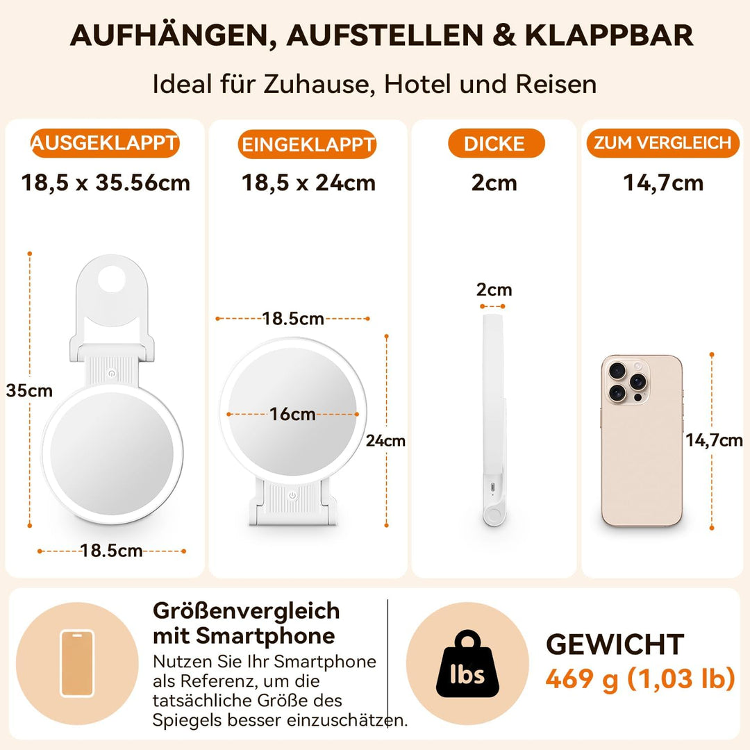 Auxmir Kosmetikspiegel mit Beleuchtung, 30X/1X Doppelseitig Schminkspiegel mit Licht, Dimmbar Spiege