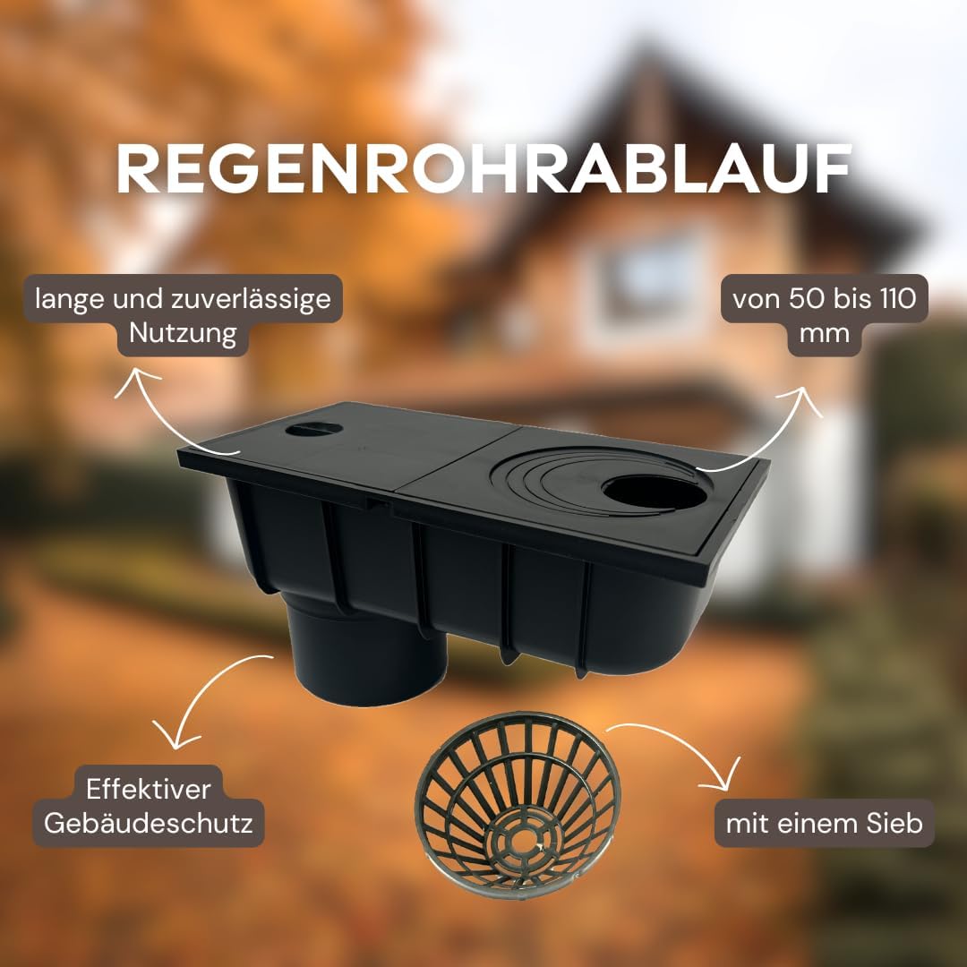 Regenrohrablauf mit Sieb Regensinkkasten von 50mm bis 110mm Regenwasserablauf DN110 Schwarz Dachrinn