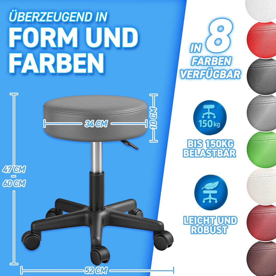 TRESKO® Rollhocker höhenverstellbar 10 cm Dicke Polsterung bis 150 kg | Hocker 47-60cm | Arbeitshock