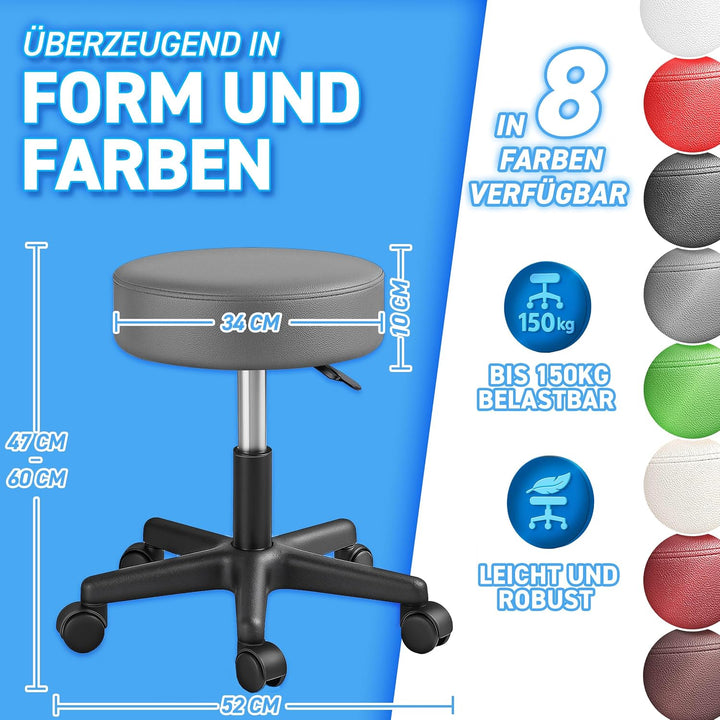 TRESKO® Rollhocker höhenverstellbar 10 cm Dicke Polsterung bis 150 kg | Hocker 47-60cm | Arbeitshock