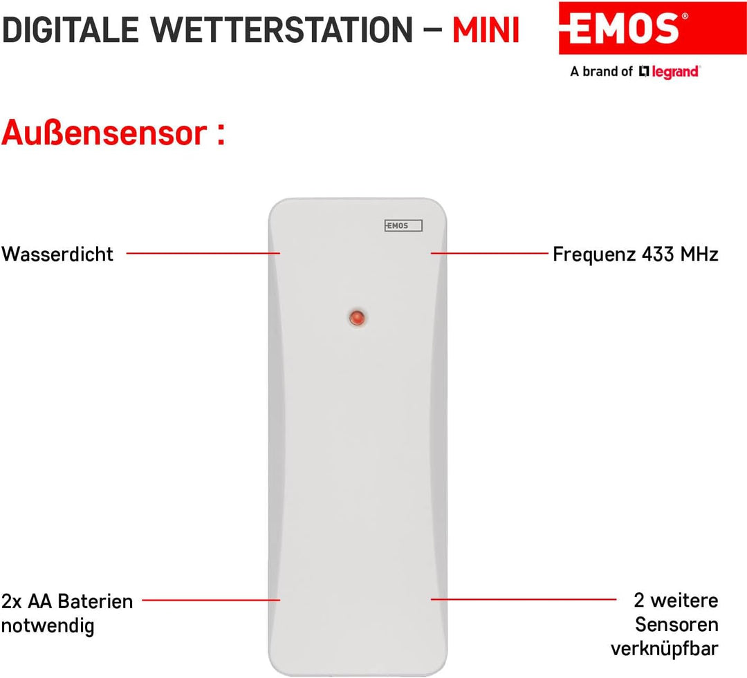 EMOS Mini Funk-Wetterstation mit Aussensensor, misst Innen- und Aussentemperatur, Feuchtigkeit, Wett