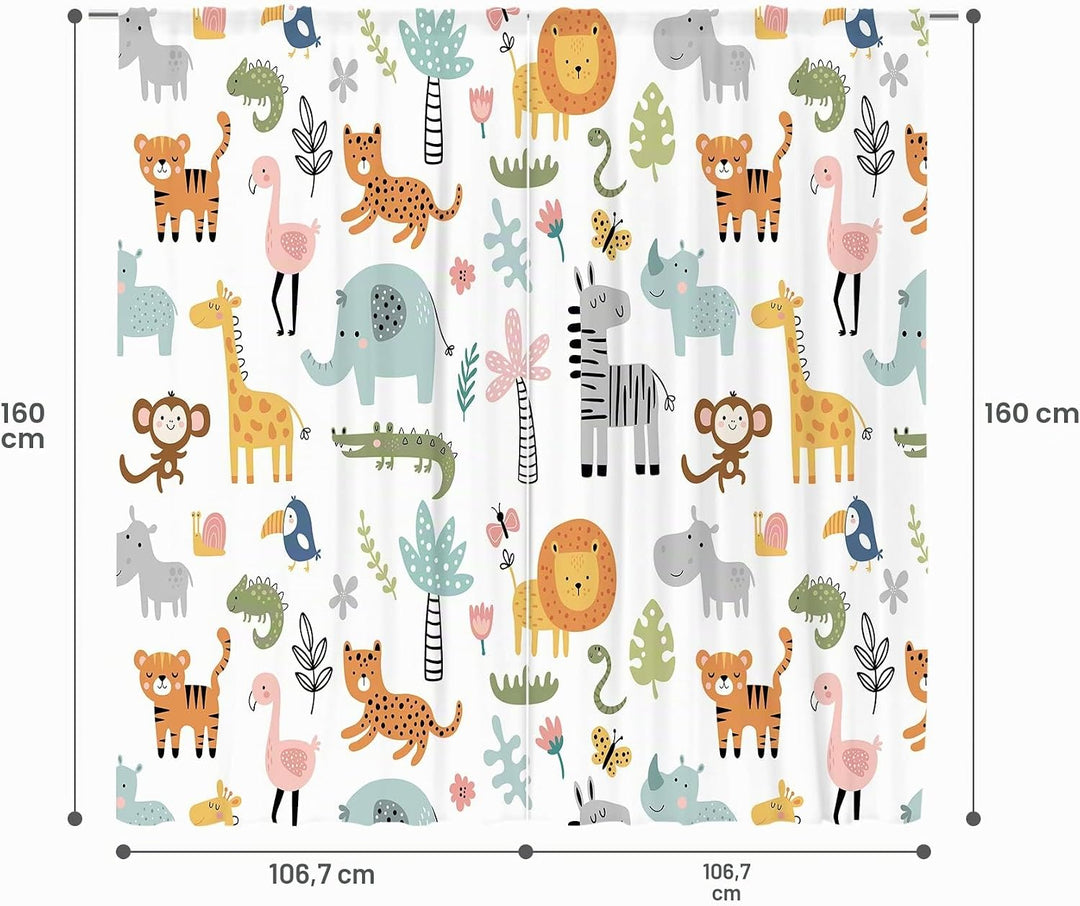 MESHELLY Cartoon-Safari-Dschungel-Tier-Vorhänge, 107x160 cm, Stangentasche, Wald, Wildtiere, Schlafz