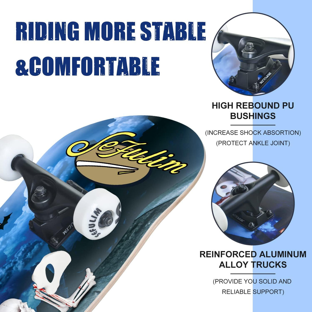 Sefulim 78,9 x 20,3 cm komplettes Skateboard, 7-lagig, kanadischer Ahorn, Doppel-Kick-Deck-Skateboar