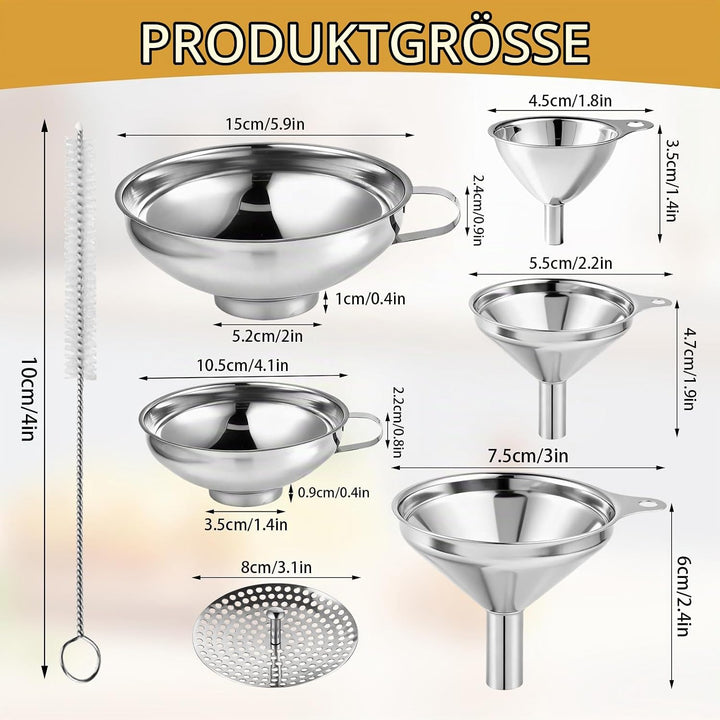 5 Stück Trichter Edelstahl set - Marmelade und Stapelbarer Kleiner Trichter mit 2 Stück Reinigungsbü