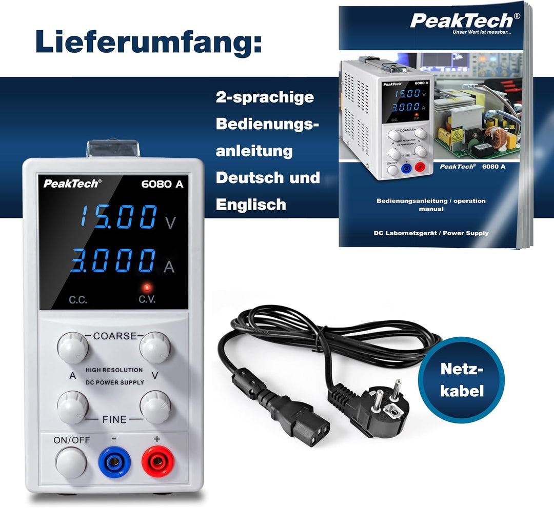 PeakTech P 6080 A Labornetzteil 0-15V / 0-3A, Hochauflösendes Labornetzgerät Single, Single