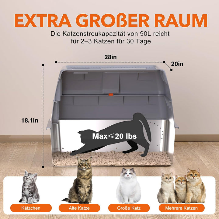 XXXL Katzenklo Edelstahl mit Deckel 70x50x45 cm 90 L extra gross Katzentoilette Edelstahl für grosse