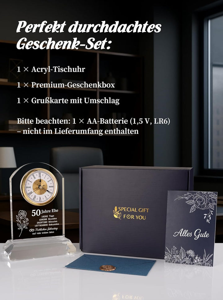 DEEWISH Goldene Hochzeit 50 Jahre Ehe Schreibtischuhr Quarzuhr, edles Geschenkset mit Geschenkbox un