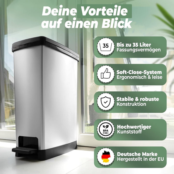 Novaliv 2x Grosser Mülleimer mit Deckel - 35L Tretmülleimer mit Soft-Close-System - Stabiler Abfalle