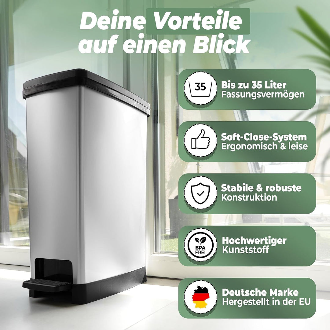 Novaliv 2x Grosser Mülleimer mit Deckel - 35L Tretmülleimer mit Soft-Close-System - Treteimer Müllbe