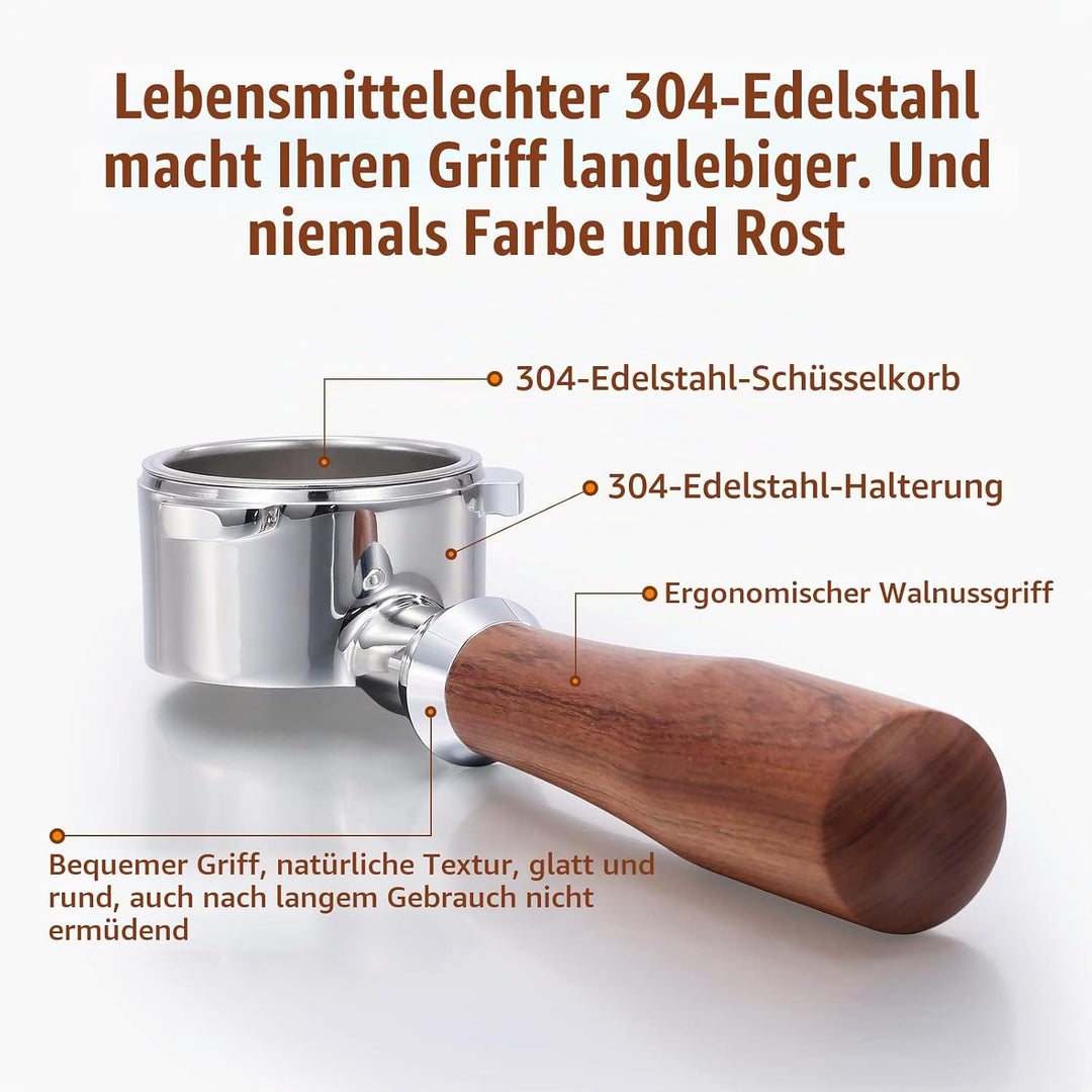 Aoresac Siebträger 51mm aus Massivholz, Bodenloser Siebträger 51mm mit 2 Filterkörben, Ersatz für De
