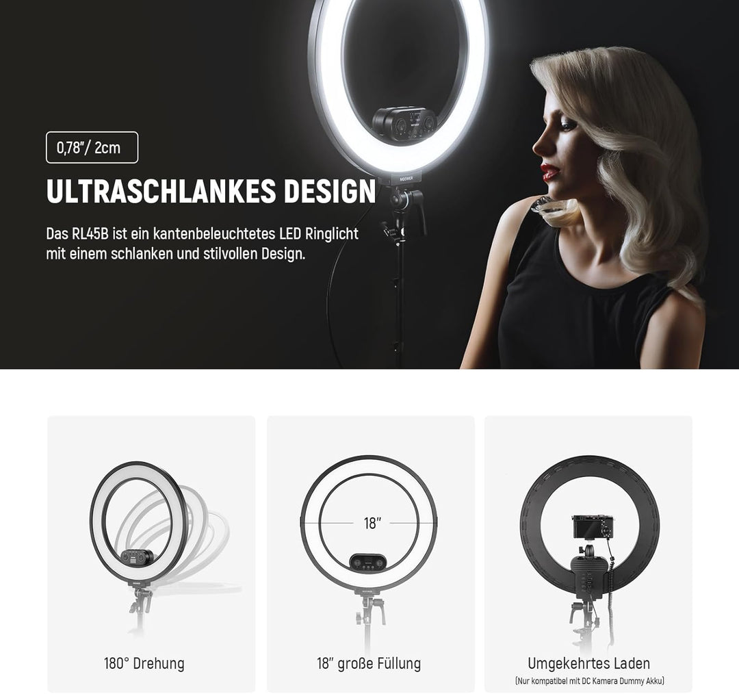 NEEWER 18" Ringlicht Set mit Randbeleuchtung, 45W 3300Lux 2900K-7000K 12 Szenen Ringleuchte mit APP