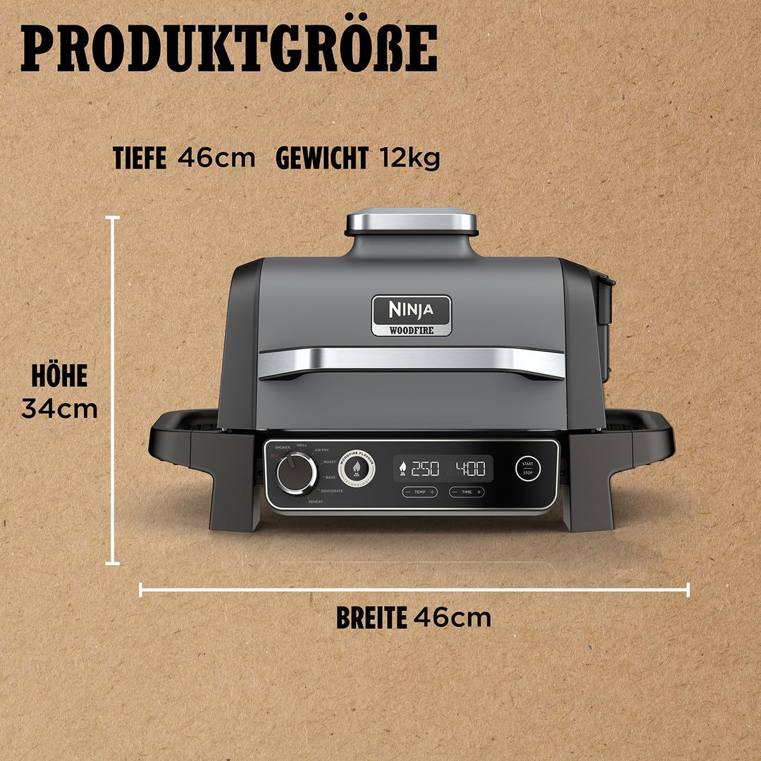 Ninja Woodfire Smoker Grill Elektrisch, Elektrogrill Outdoor, Räucherofen & Heissluftfritteuse, Airf