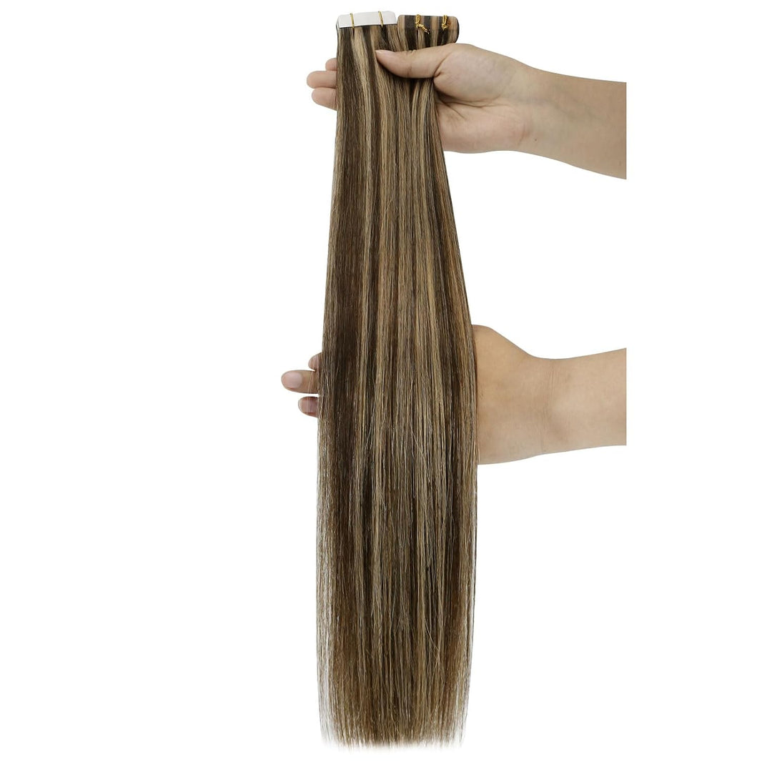 Ugeat 55cm Tape in Extensions Echthaar Gesträhnt Dunkelbraun mit Karamell P4/27 Extension Echthaar T