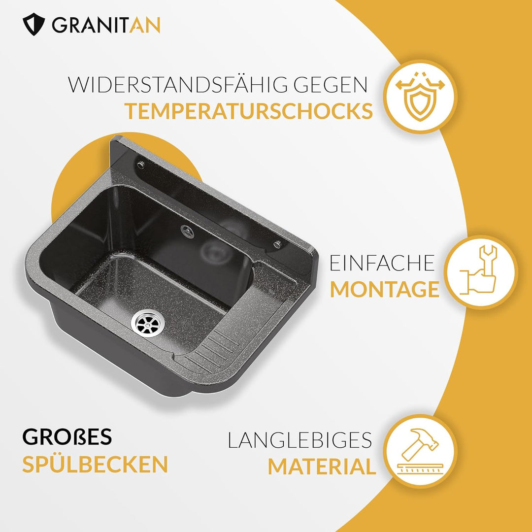 Granitan Ausgussbecken für Garage Keller Werkstatt und Waschküche - Universal Waschtrog Set mit Siph