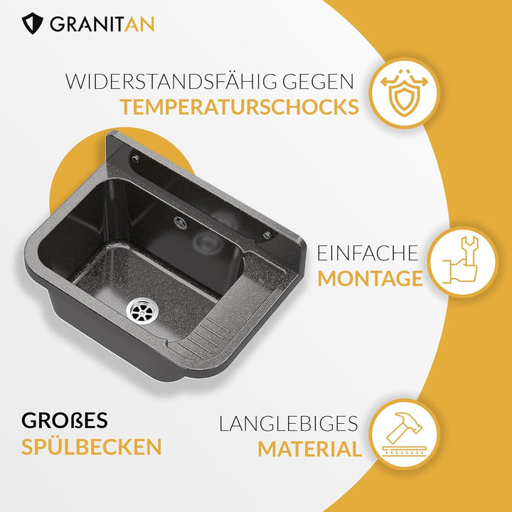 Granitan Ausgussbecken für Garage Keller Werkstatt und Waschküche - Universal Waschtrog Set mit Siph
