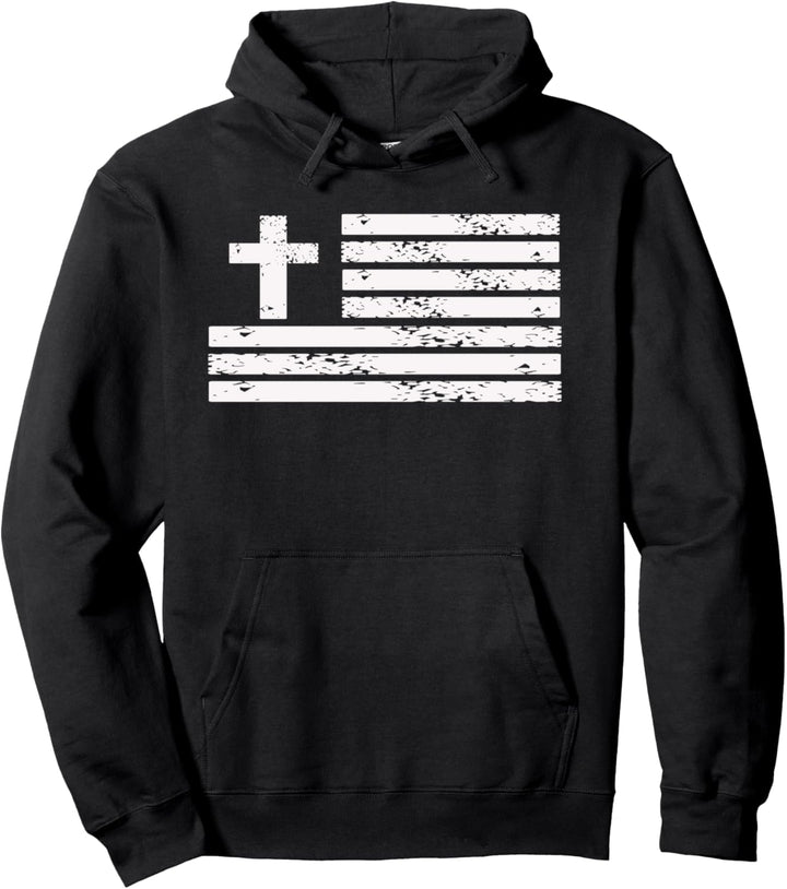 Christian Cross Flag Grunge Distressed Faith Design Pullover Hoodie