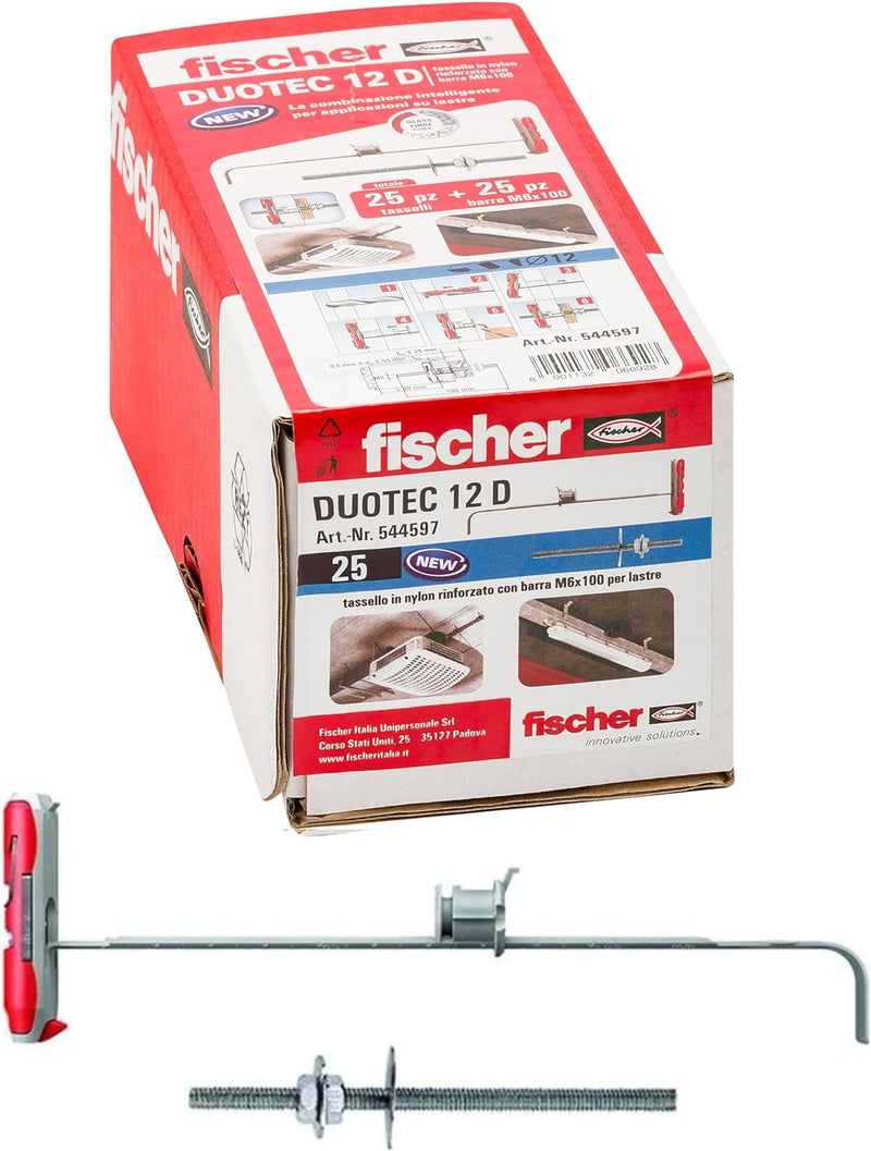 Fischer 544597 Pappdübel Duotec 12 mit Stange M6, grau, 12 mm Con Vite, 12 mm con vite