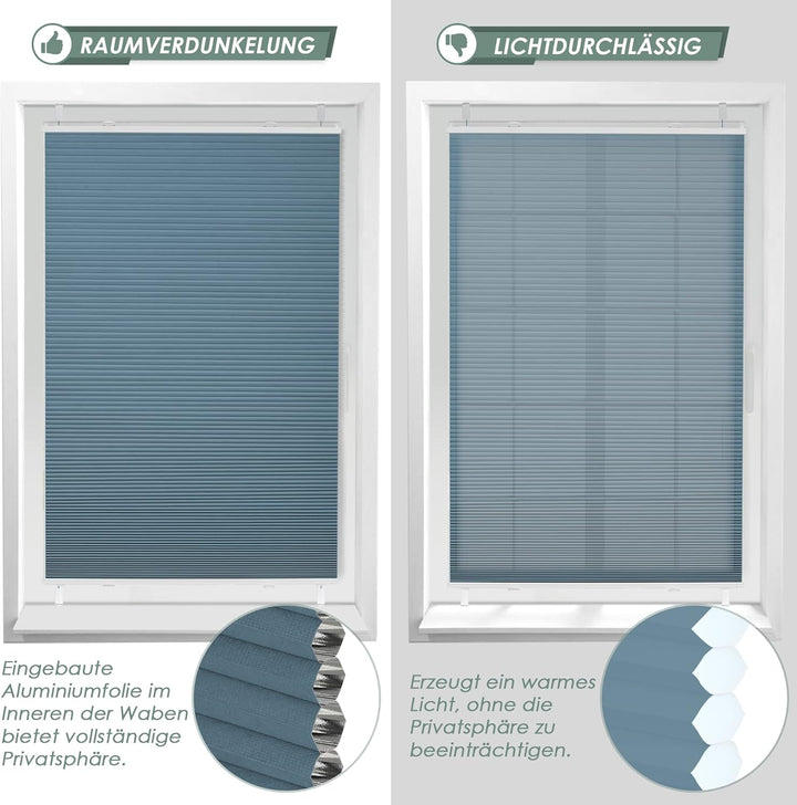 Wabenplissee Plissee ohne Bohren Verdunkelung Klemmfix Thermo Verdunklungsplissee, Blau-Weiss 40x120