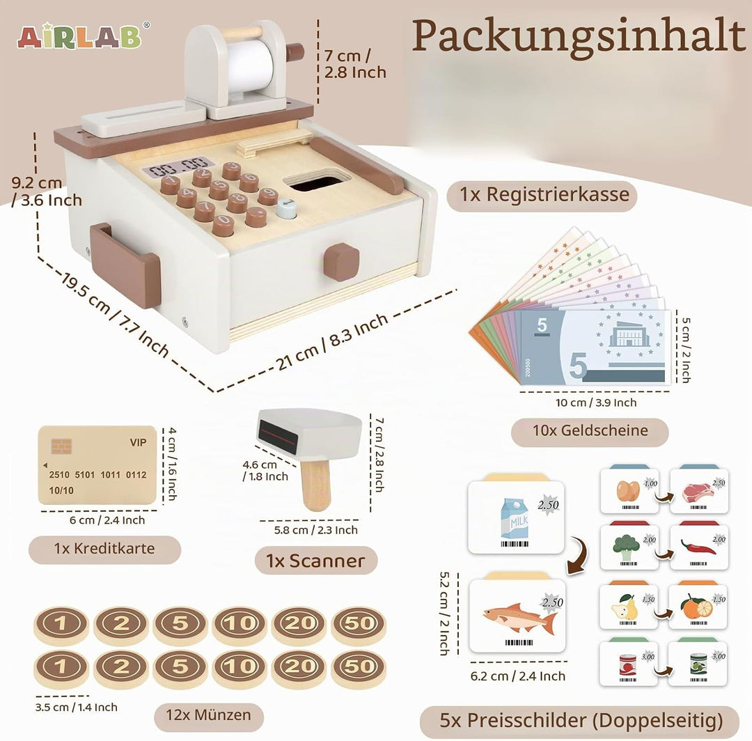 Airlab Kaufladen Zubehör Holz Kasse Spielzeug, Holzspielzeug Kasse Kinder, Kinderkasse mit Scanner S