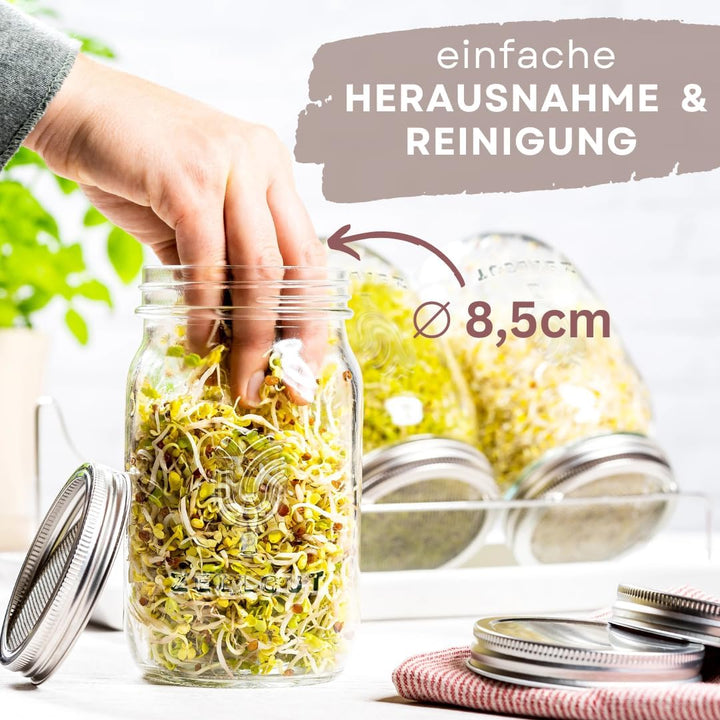 ZELLGUT® 2in1 Sprossenglas 3er Set - Keimglas 100% Plastikfrei - Vorratsglas Funktion durch extra De